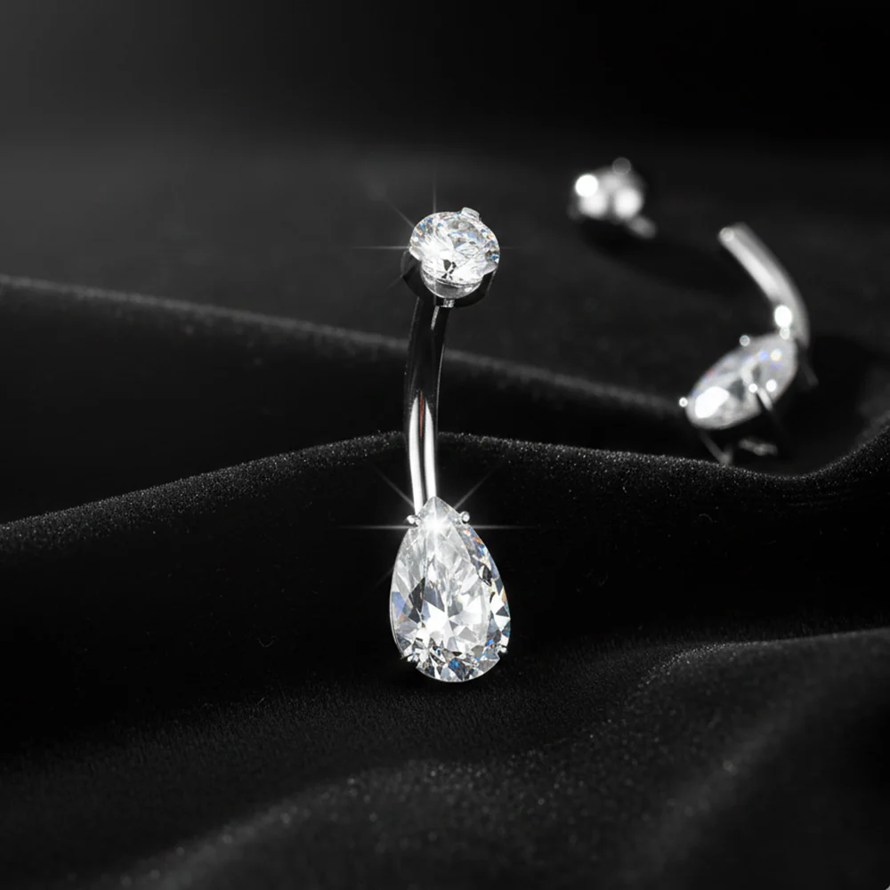 Implant Grade Titanium Moissanite Teardrop Sparkle Internally Threaded Belly Button Ring - Image 3