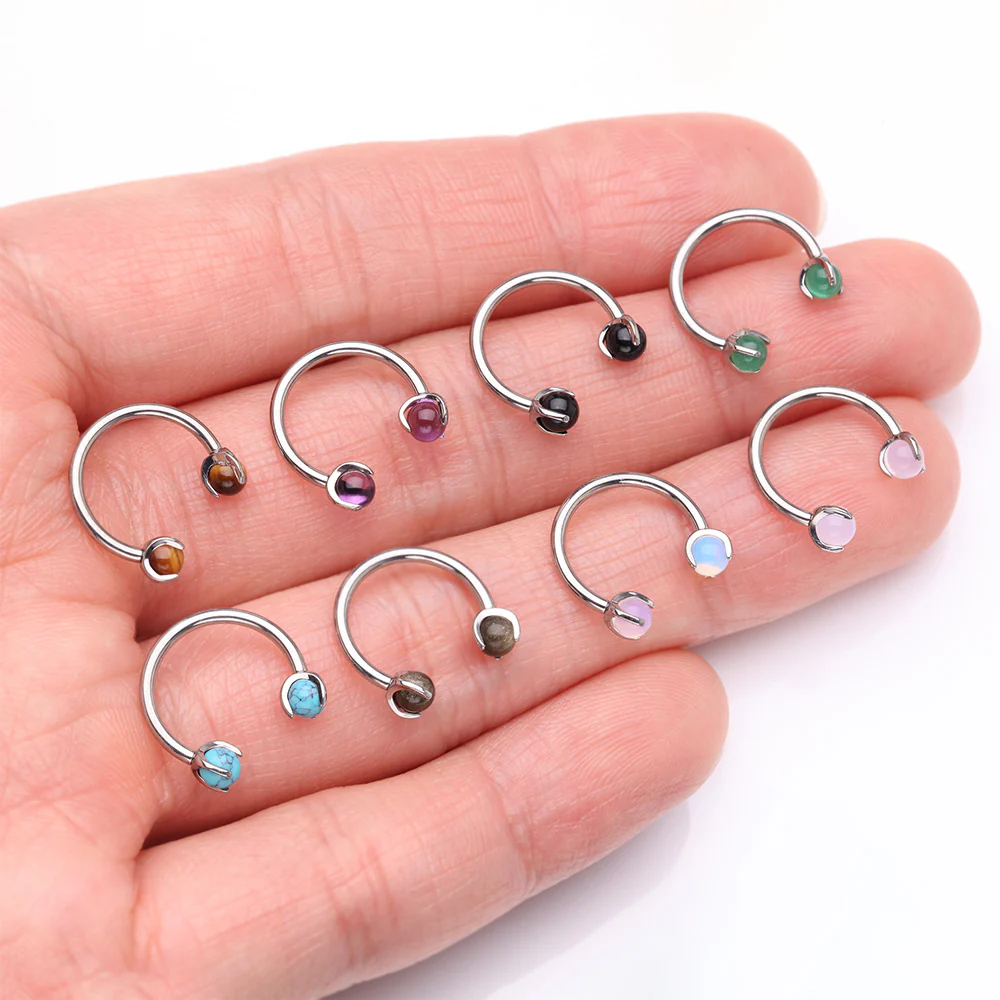 Implant Grade Titanium Obsidian Stone Ball Claw Prong Internally Threaded Horseshoe Barbell - Image 4