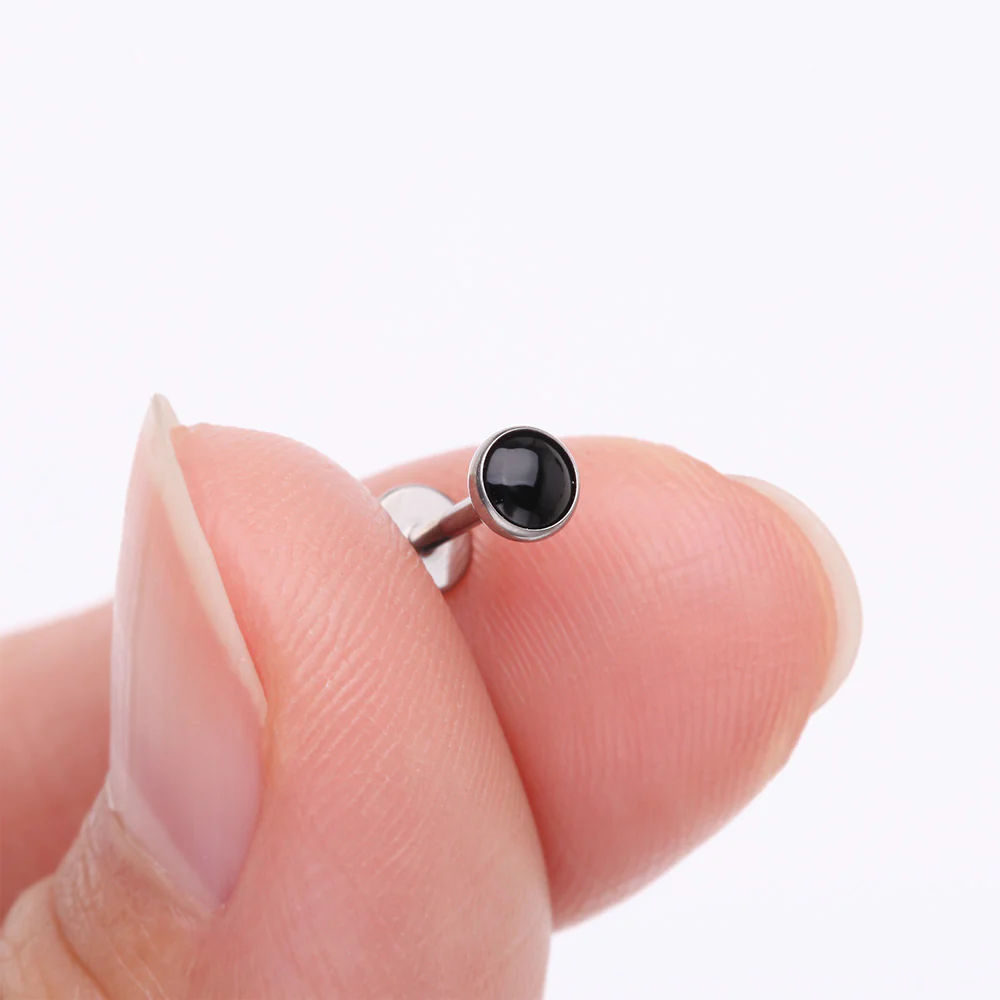 Implant Grade Titanium OneFit Threadless Bezel Black Onyx Stone Flat Back Labret - Image 3