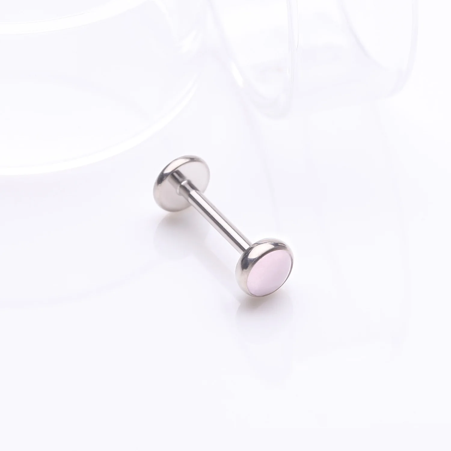 Implant Grade Titanium OneFit Threadless Bezel Pink Opalite Stone Flat Back Labret - Image 2