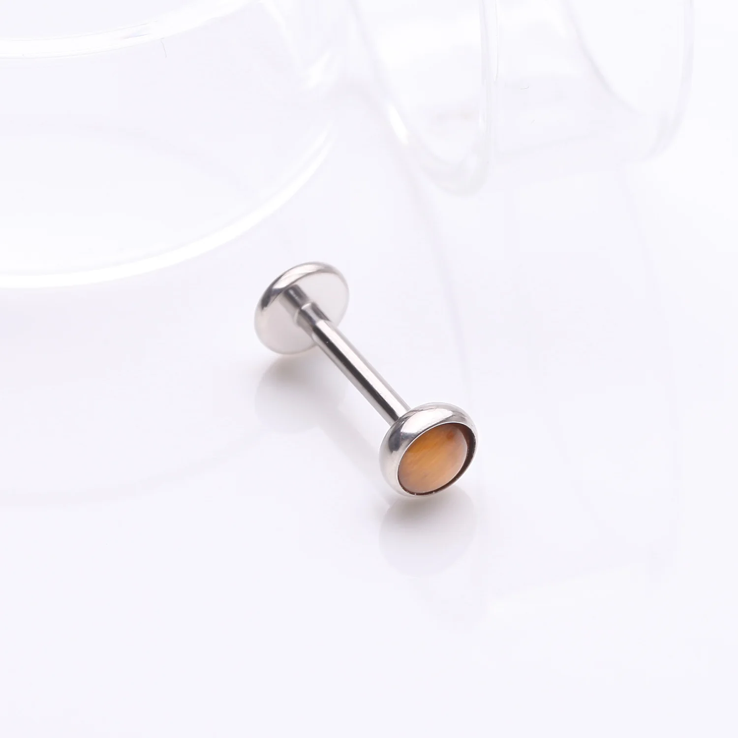 Implant Grade Titanium OneFit Threadless Bezel Tiger Eye Stone Flat Back Labret - Image 2