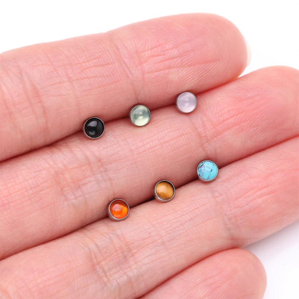 Implant Grade Titanium OneFit Threadless Bezel Turquoise Stone Flat Back Labret - Image 4