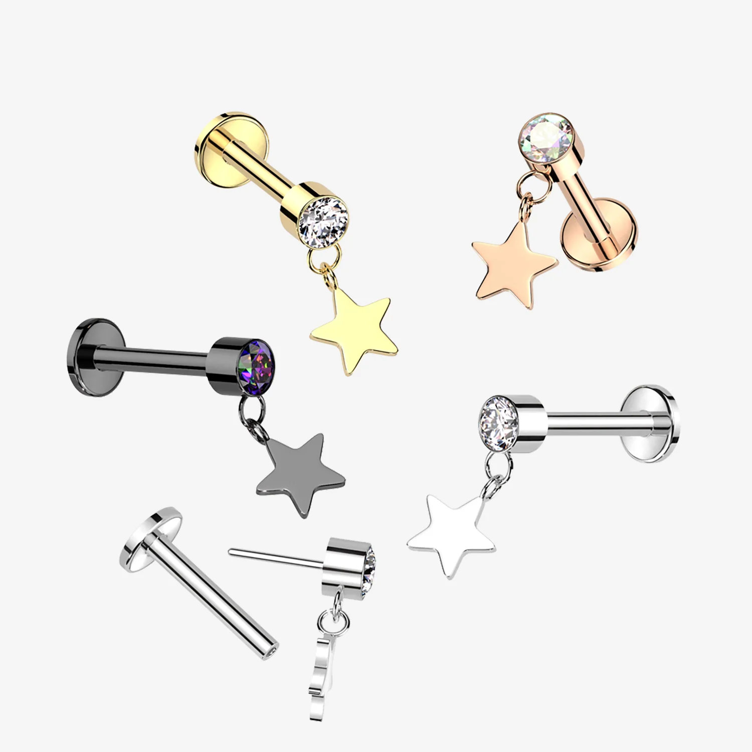 Implant Grade Titanium OneFit Threadless Blackline Sparkle Dangle Star Top Flat Back Labret - Image 2