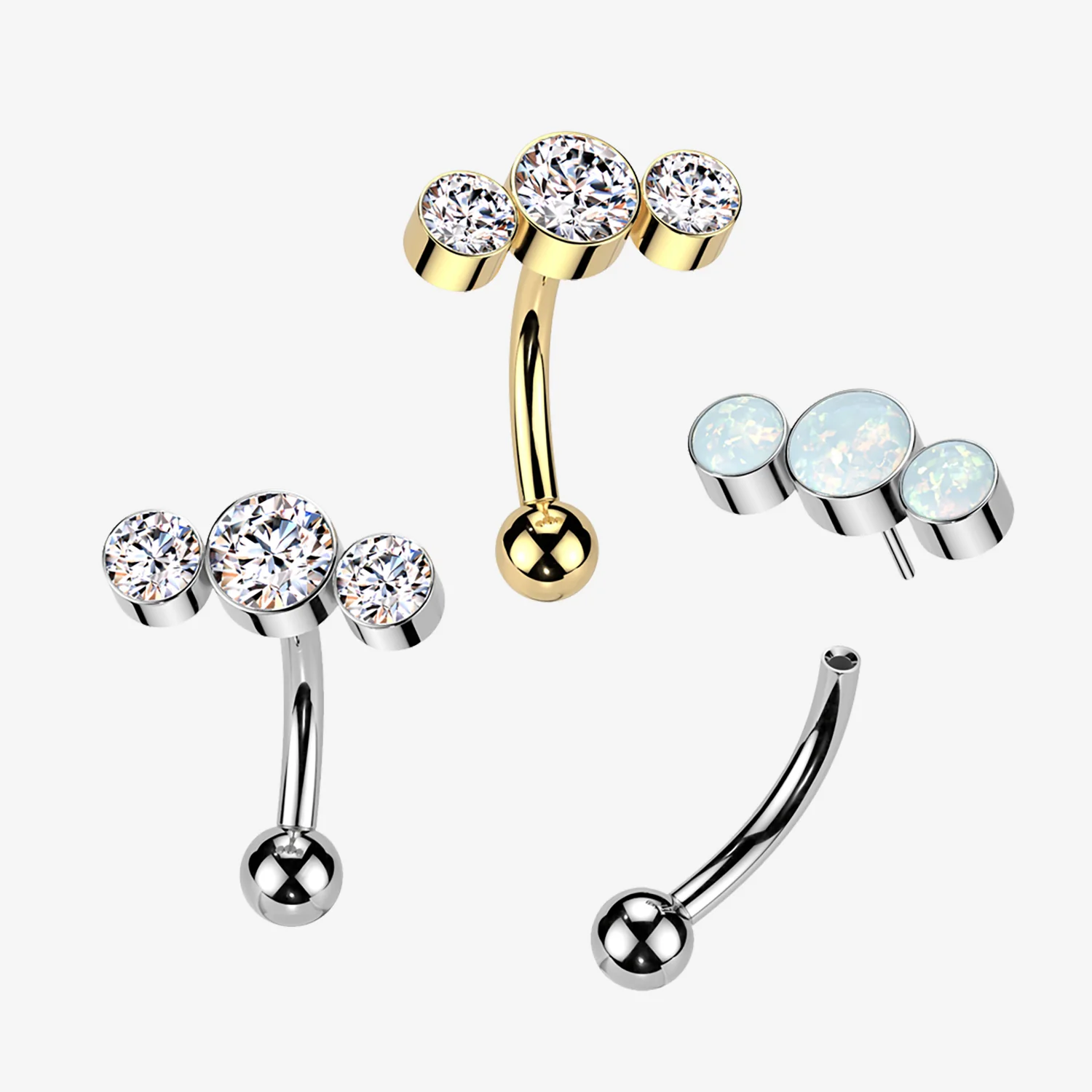 Implant Grade Titanium OneFit Threadless Bubble Trio Fire Opal Top Curved Barbell - Image 2