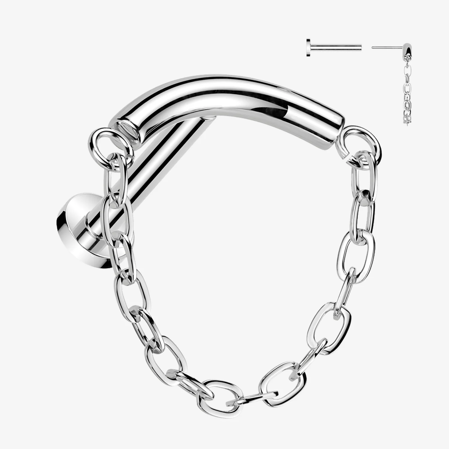 Implant Grade Titanium OneFit Threadless Chained Curved Bar Top Flat Back Labret