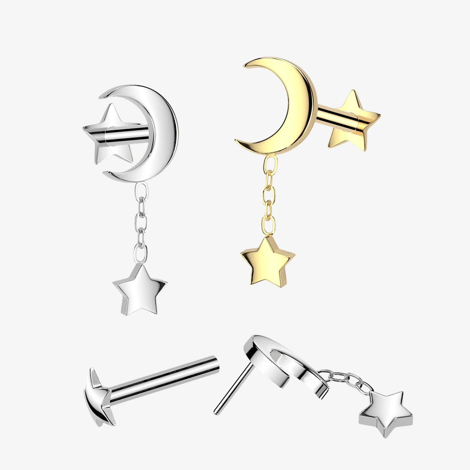 Implant Grade Titanium OneFit Threadless Crescent Moon Dangle Star Back Labret - Image 2