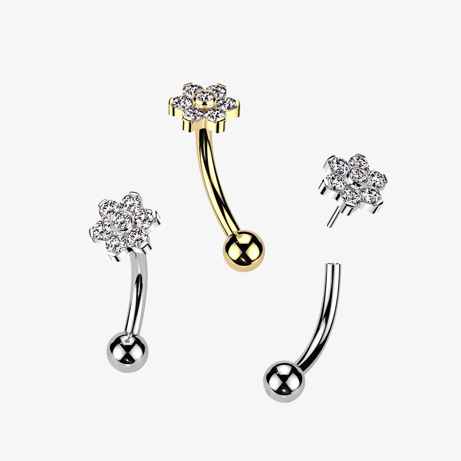 Implant Grade Titanium OneFit Threadless Golden Brilliant Flower Sparkle Top Curved Barbell - Image 2