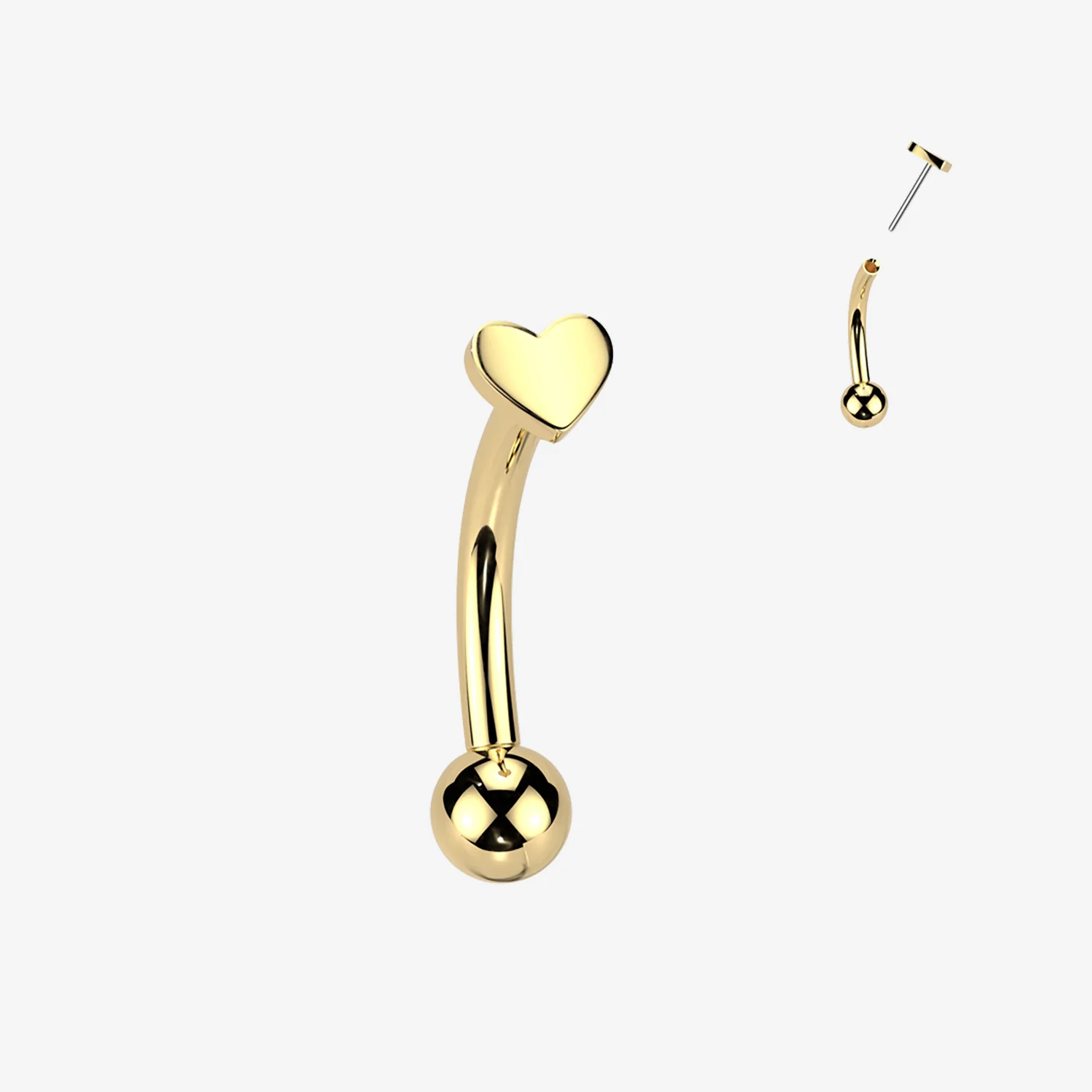 Implant Grade Titanium OneFit Threadless Golden Dainty Heart Top Curved Barbell