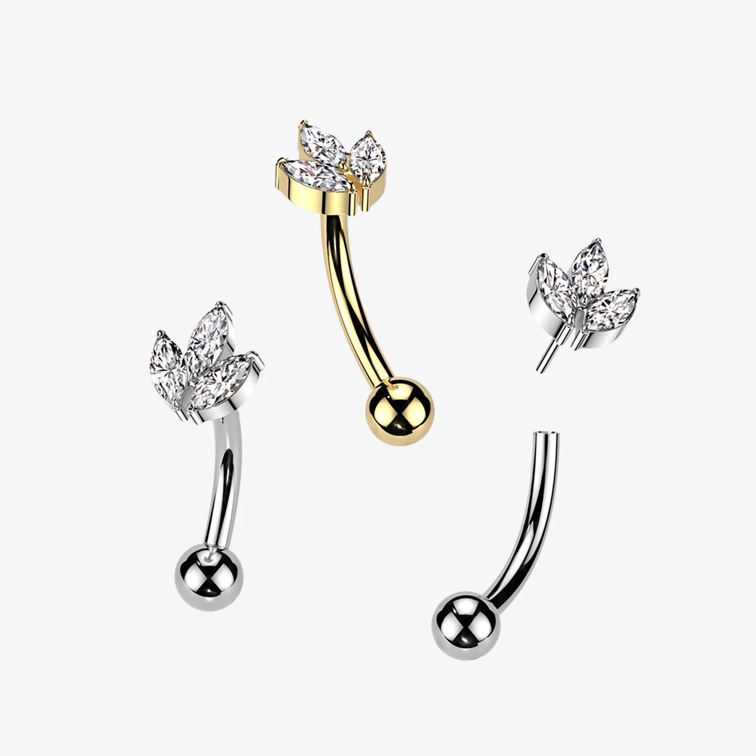 Implant Grade Titanium OneFit Threadless Golden Marquise Flower Sparkle Top Curved Barbell - Image 2
