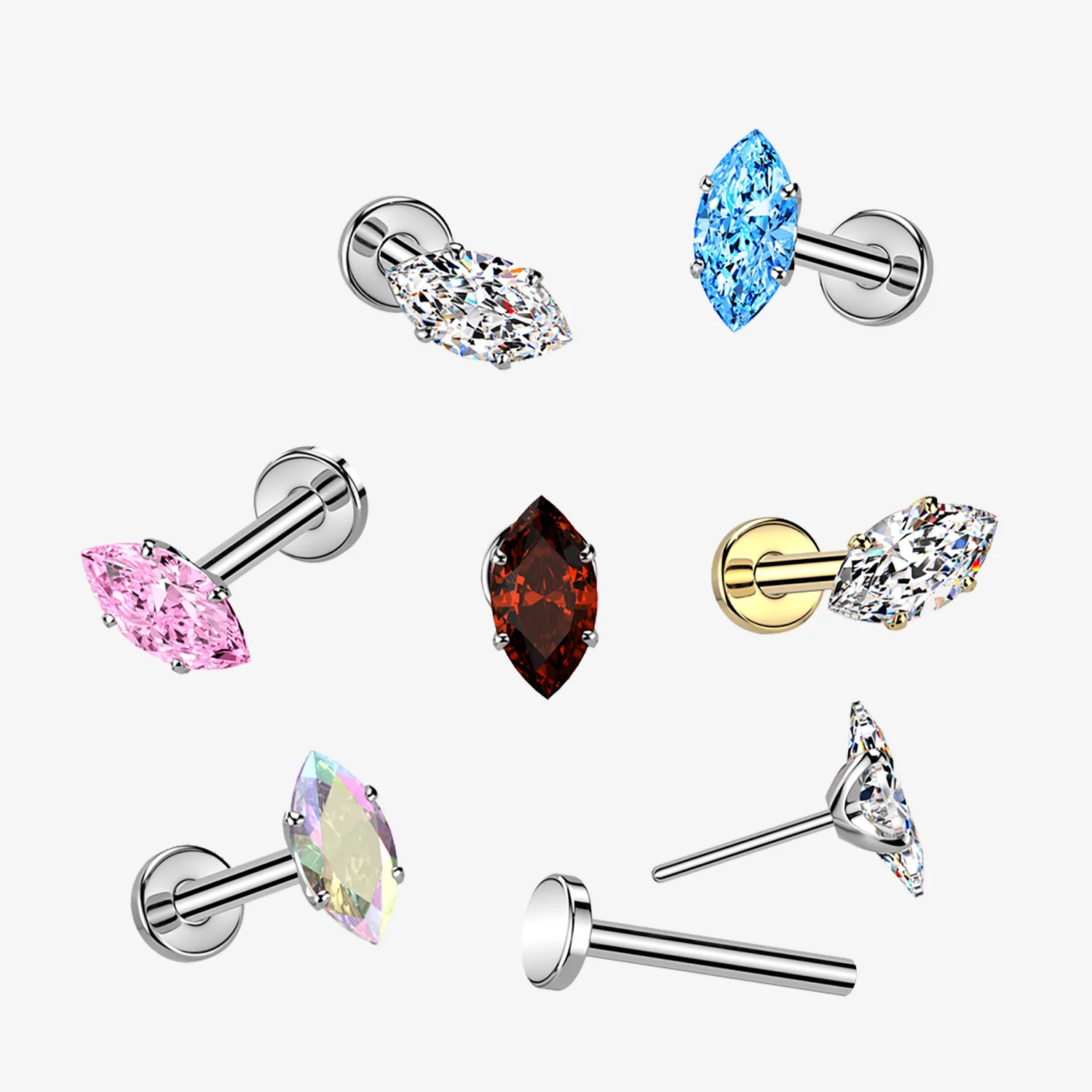 Implant Grade Titanium OneFit Threadless Golden Marquise Gem Sparkle Top Flat Back Labret - Image 2