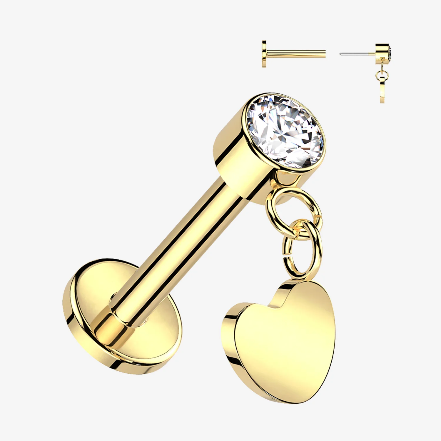 Implant Grade Titanium OneFit Threadless Golden Sparkle Dangle Heart Top Flat Back Labret