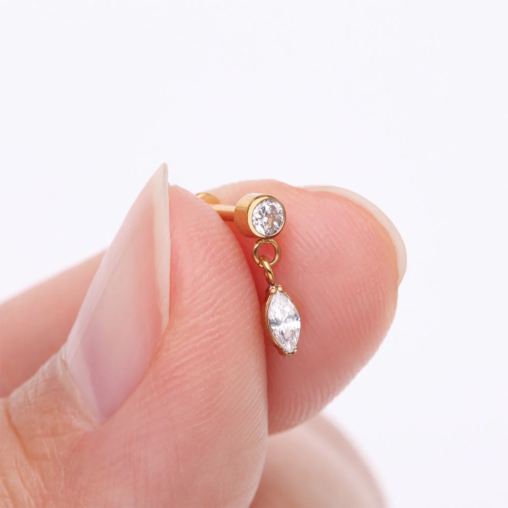 Implant Grade Titanium OneFit Threadless Golden Sparkle Gem Marquise Dangle Flat Back Labret - Image 3