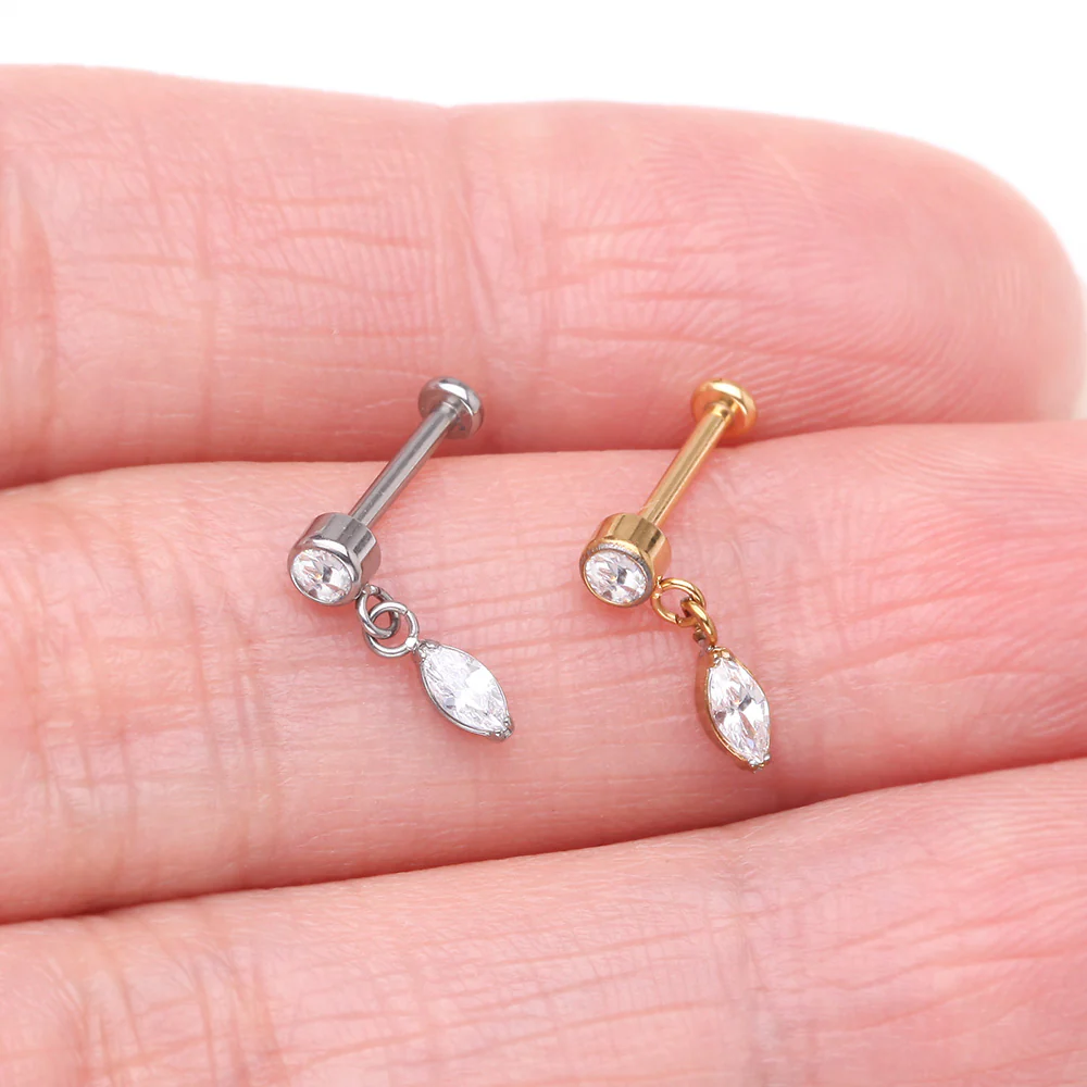 Implant Grade Titanium OneFit Threadless Golden Sparkle Gem Marquise Dangle Flat Back Labret - Image 4