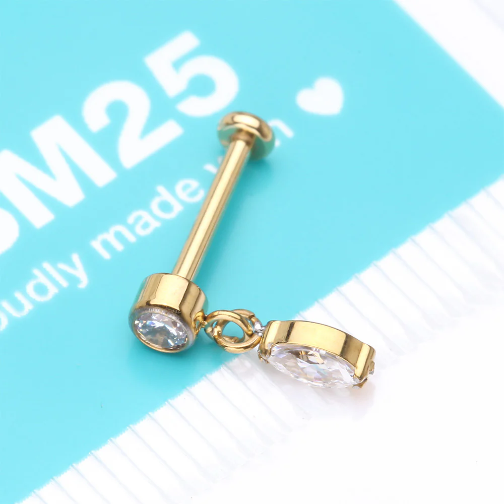 Implant Grade Titanium OneFit Threadless Golden Sparkle Gem Marquise Dangle Flat Back Labret - Image 5