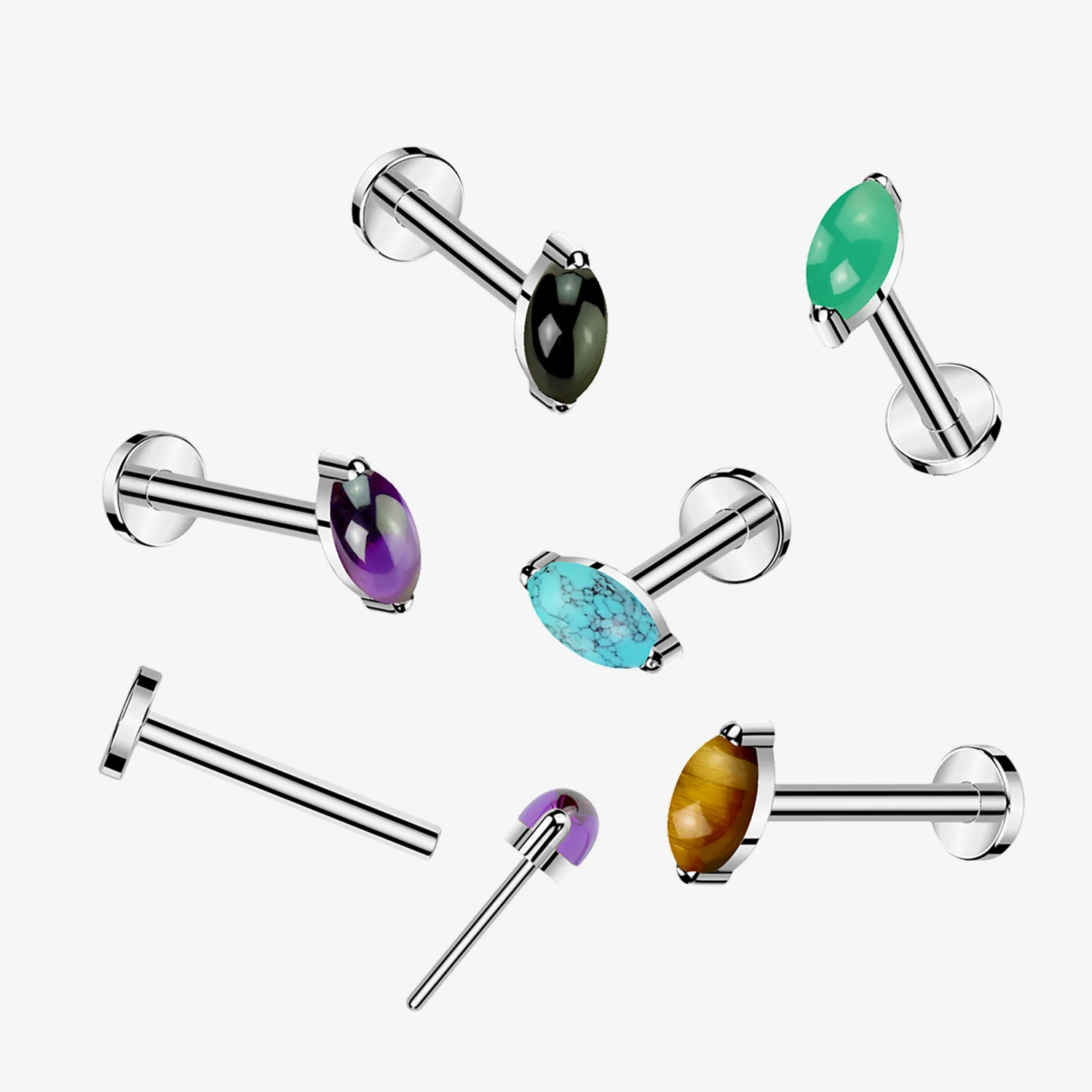 Implant Grade Titanium OneFit Threadless Marquise Black Onyx Stone Top Flat Back Labret - Image 2