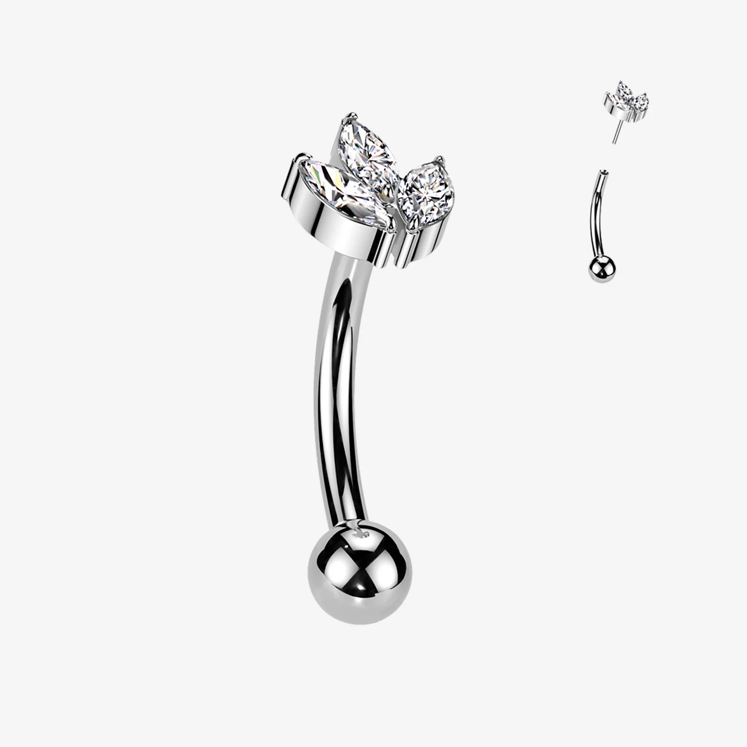 Implant Grade Titanium OneFit Threadless Marquise Flower Sparkle Top Curved Barbell