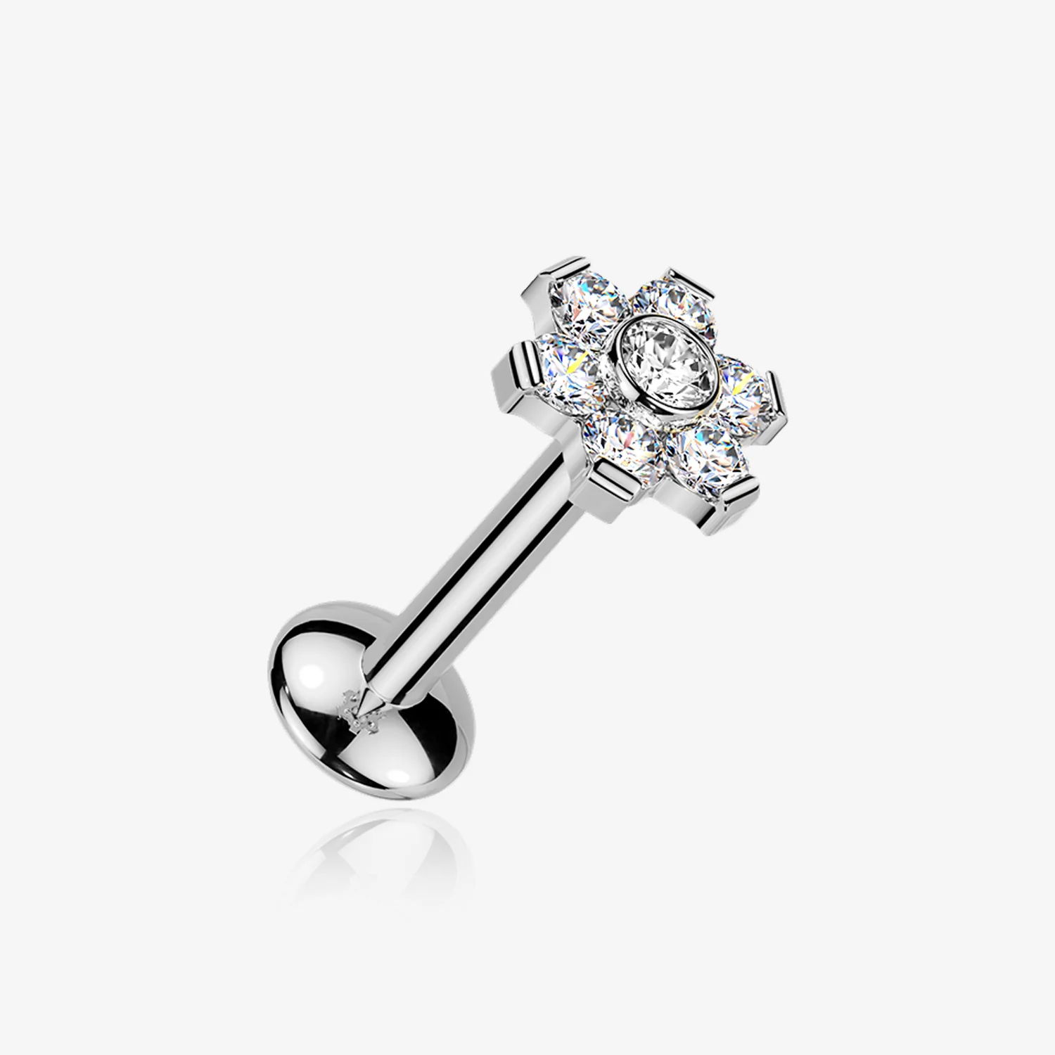 Implant Grade Titanium OneFit Threadless Moissanite Flower Sparkle Flat Back Labret Stud