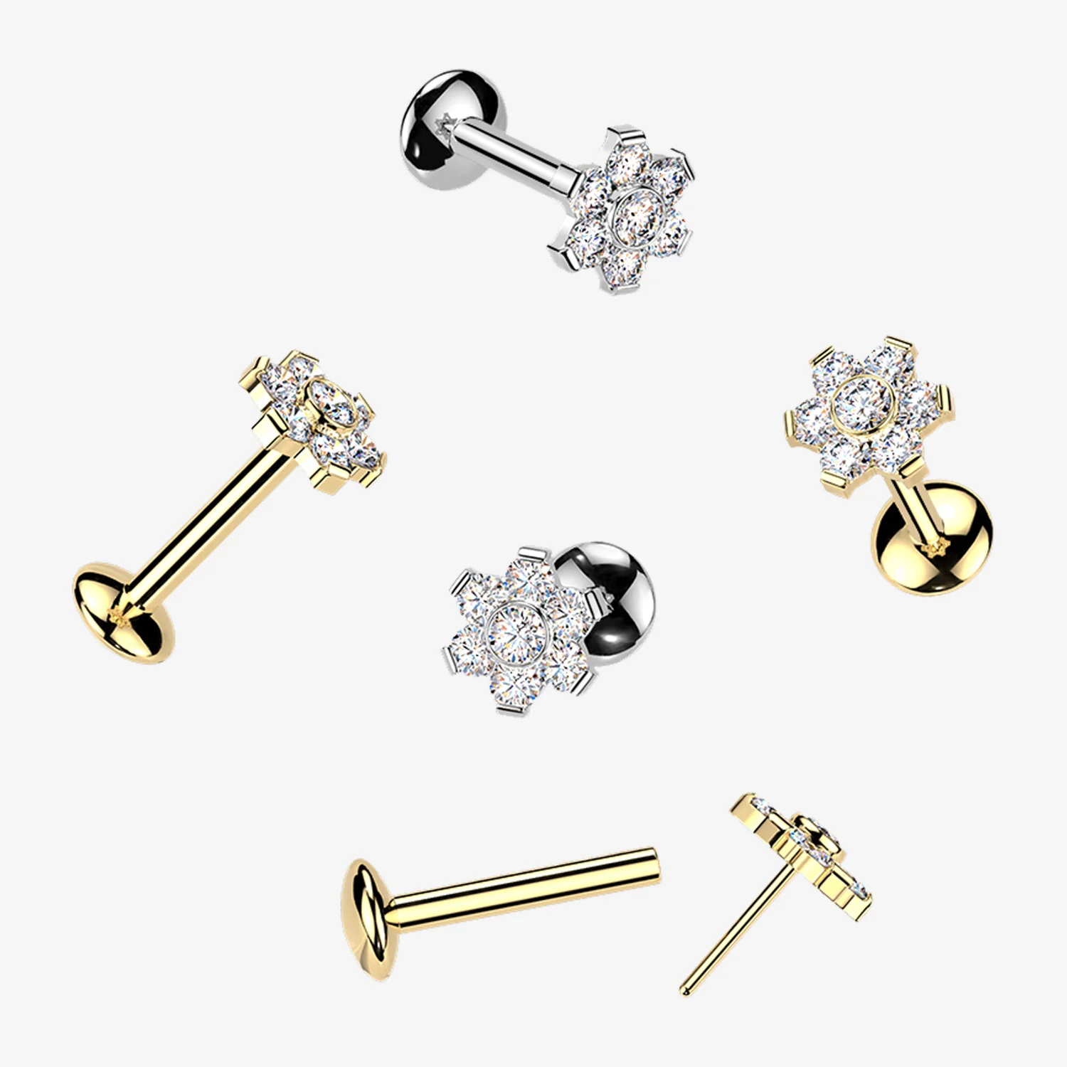 Implant Grade Titanium OneFit Threadless Moissanite Flower Sparkle Flat Back Labret Stud - Image 2
