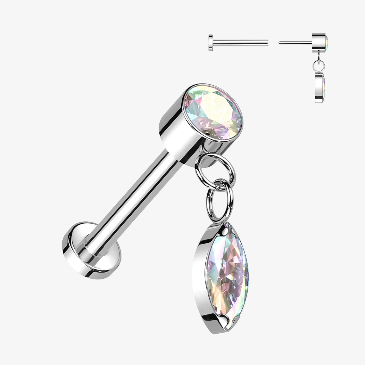 Implant Grade Titanium OneFit Threadless Sparkle Marquise Dangle Top Flat Back Labret