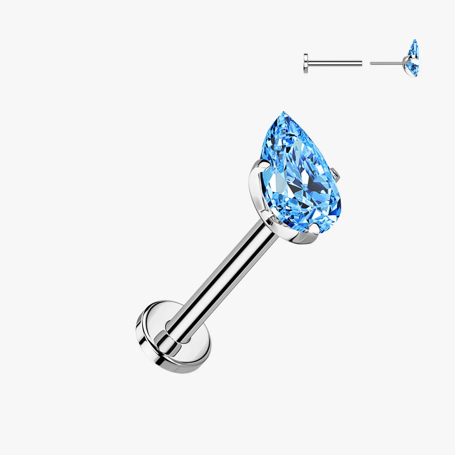 Implant Grade Titanium OneFit Threadless Teardrop Gem Sparkle Top Flat Back Labret