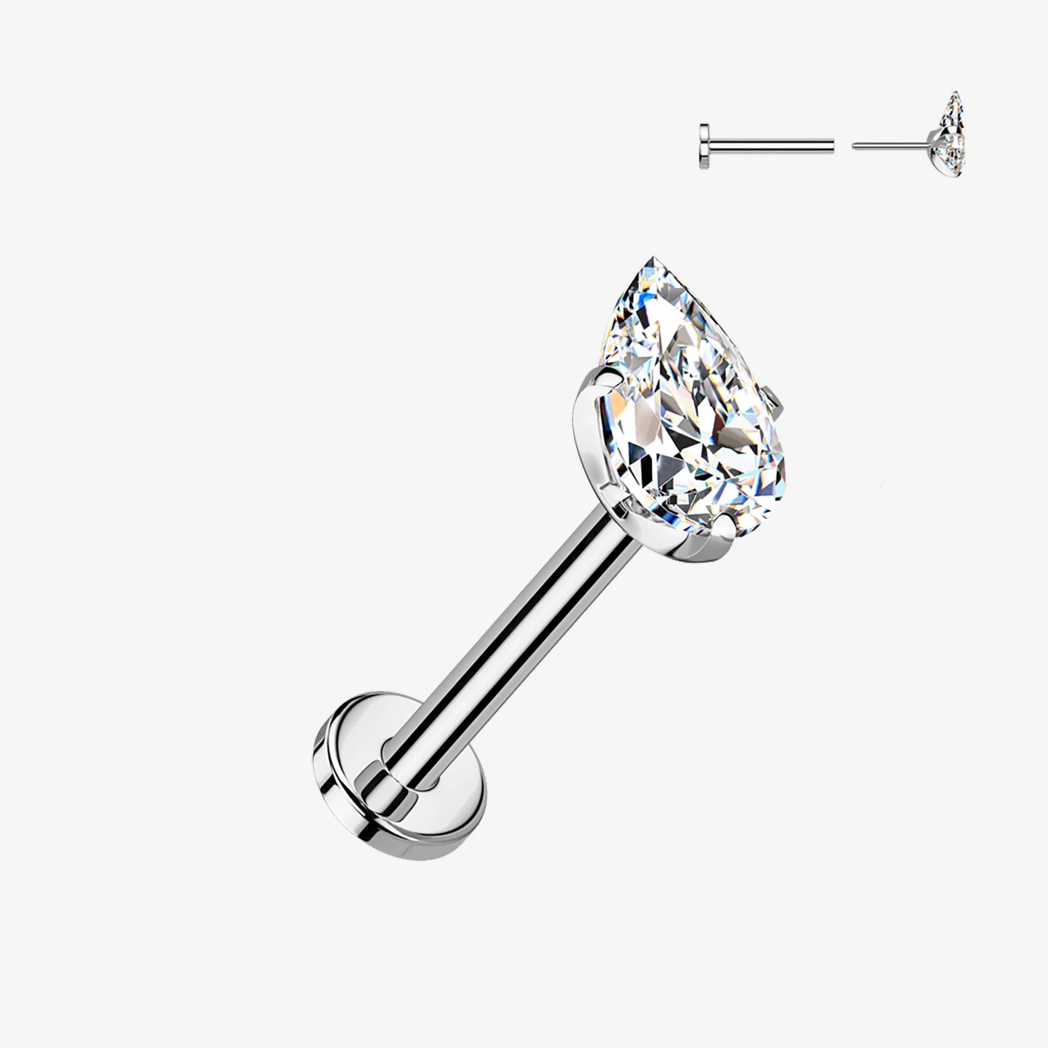 Implant Grade Titanium OneFit Threadless Teardrop Gem Sparkle Top Flat Back Labret