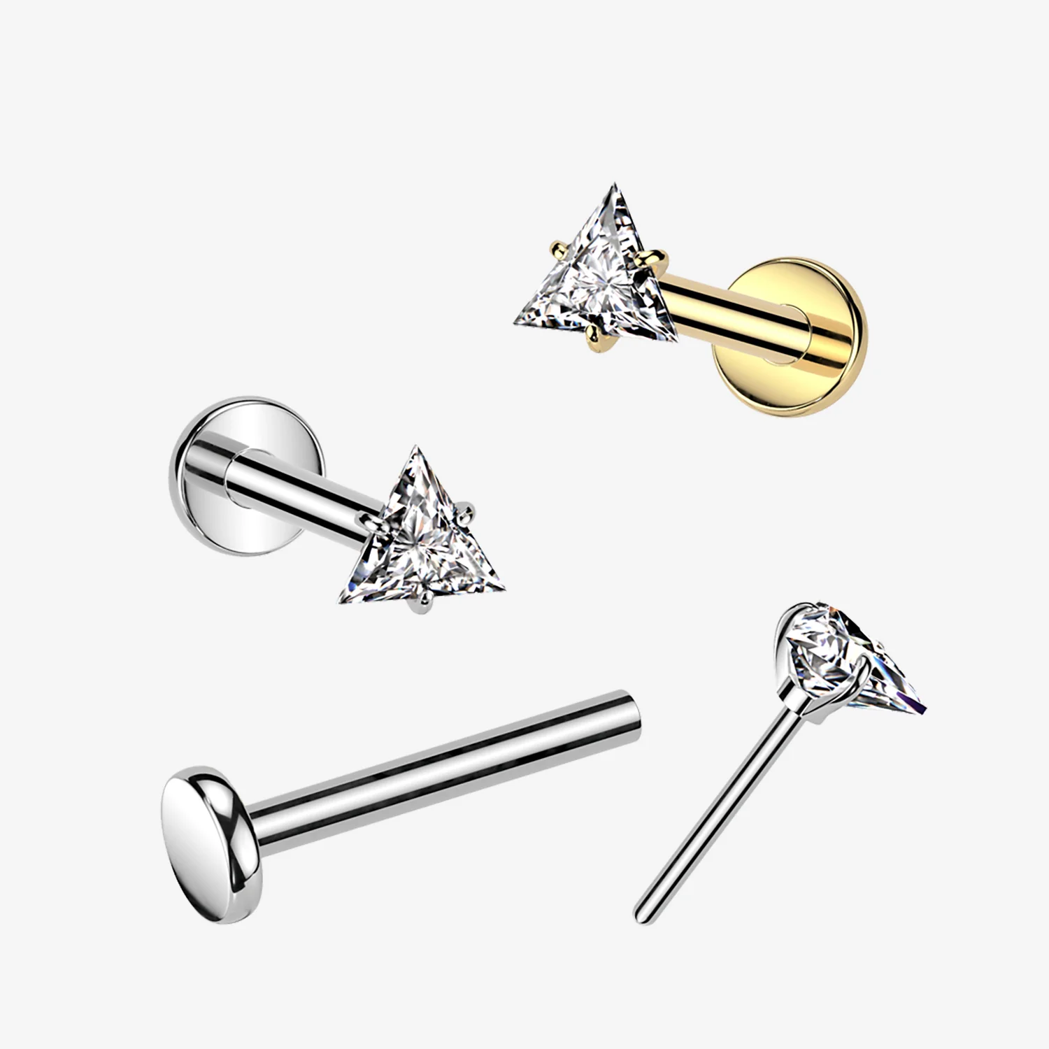 Implant Grade Titanium OneFit Threadless Triangle Gem Sparkle Top Flat Back Labret - Image 2