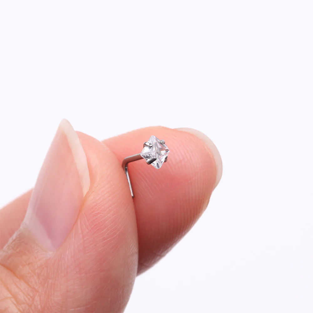 Implant Grade Titanium Prong Set Square Gem Top L-Shaped Nose Ring - Image 3