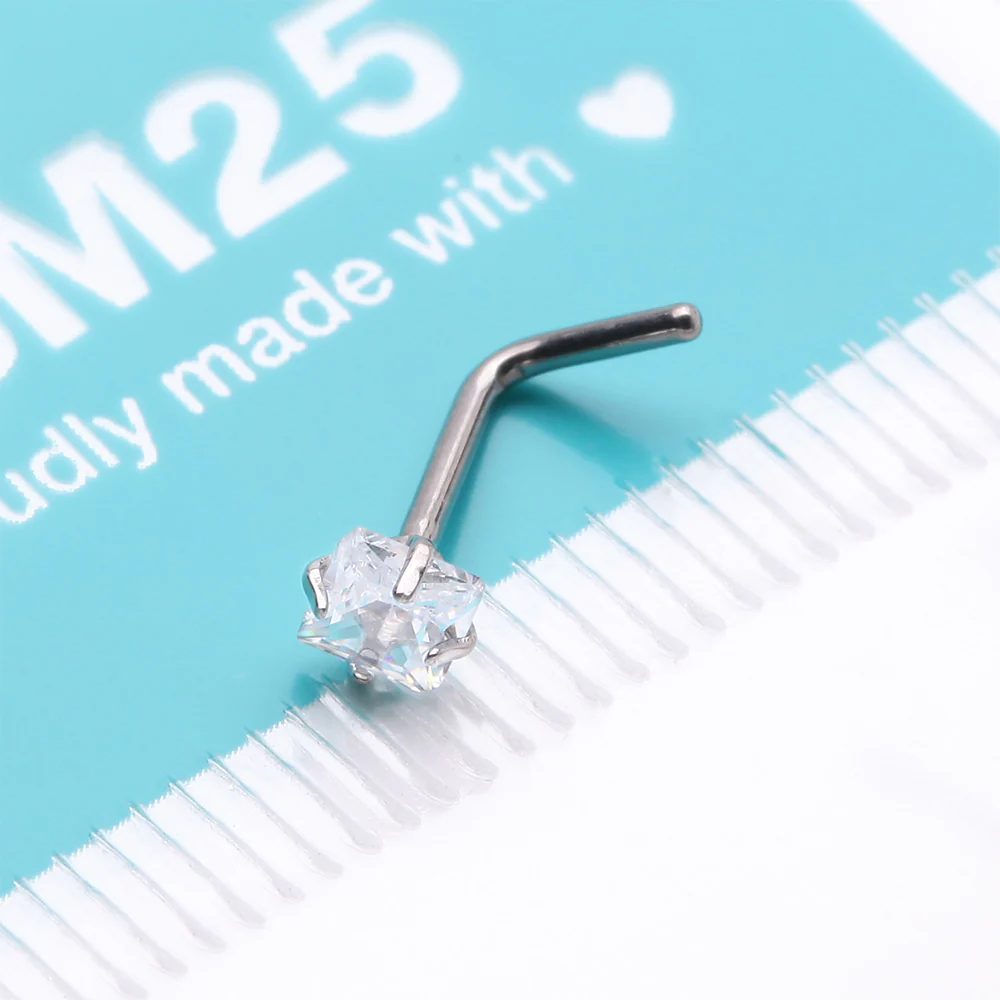 Implant Grade Titanium Prong Set Square Gem Top L-Shaped Nose Ring - Image 4