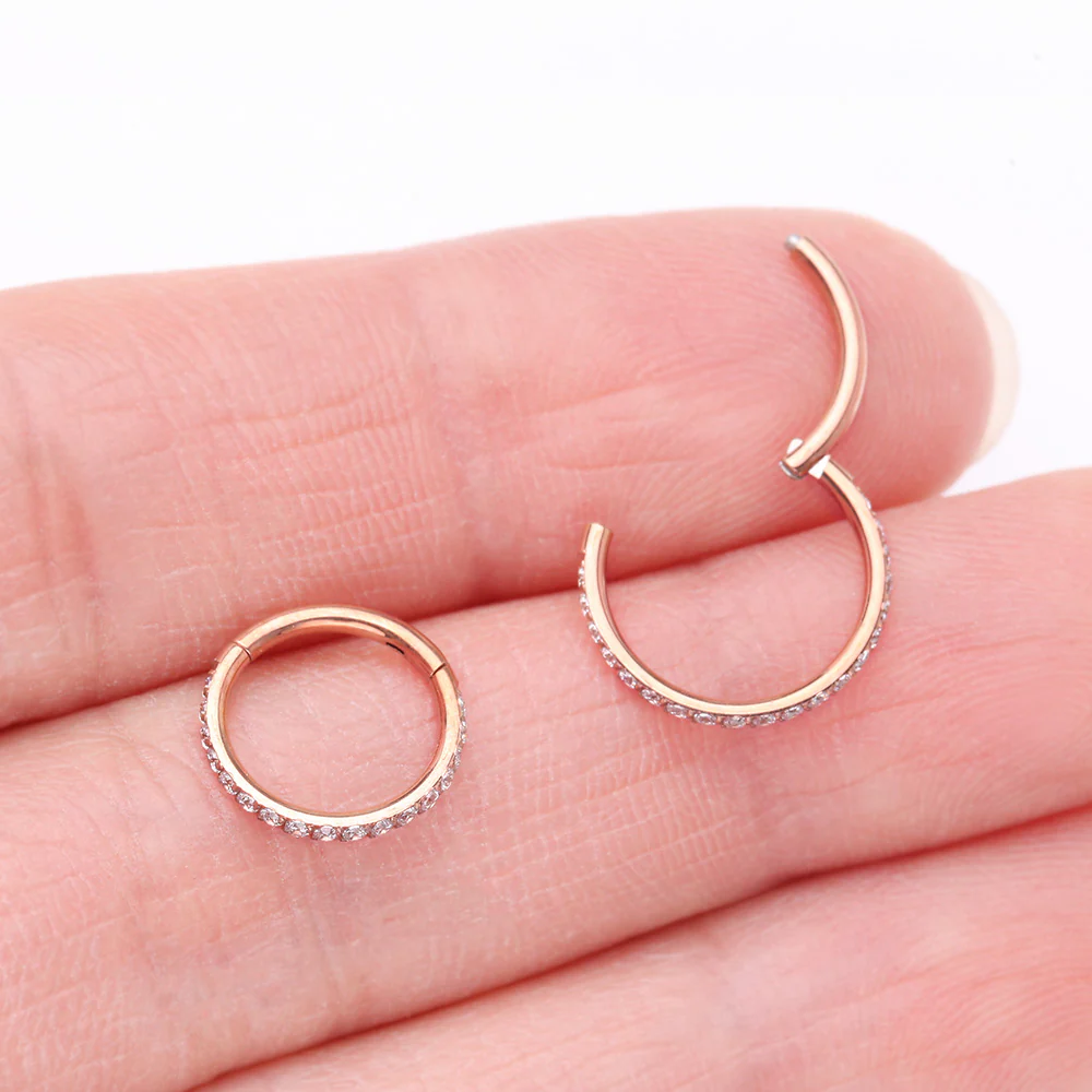 Implant Grade Titanium Rose Gold Brilliant Sparkle Gems Lined Clicker Hoop Ring - Image 4