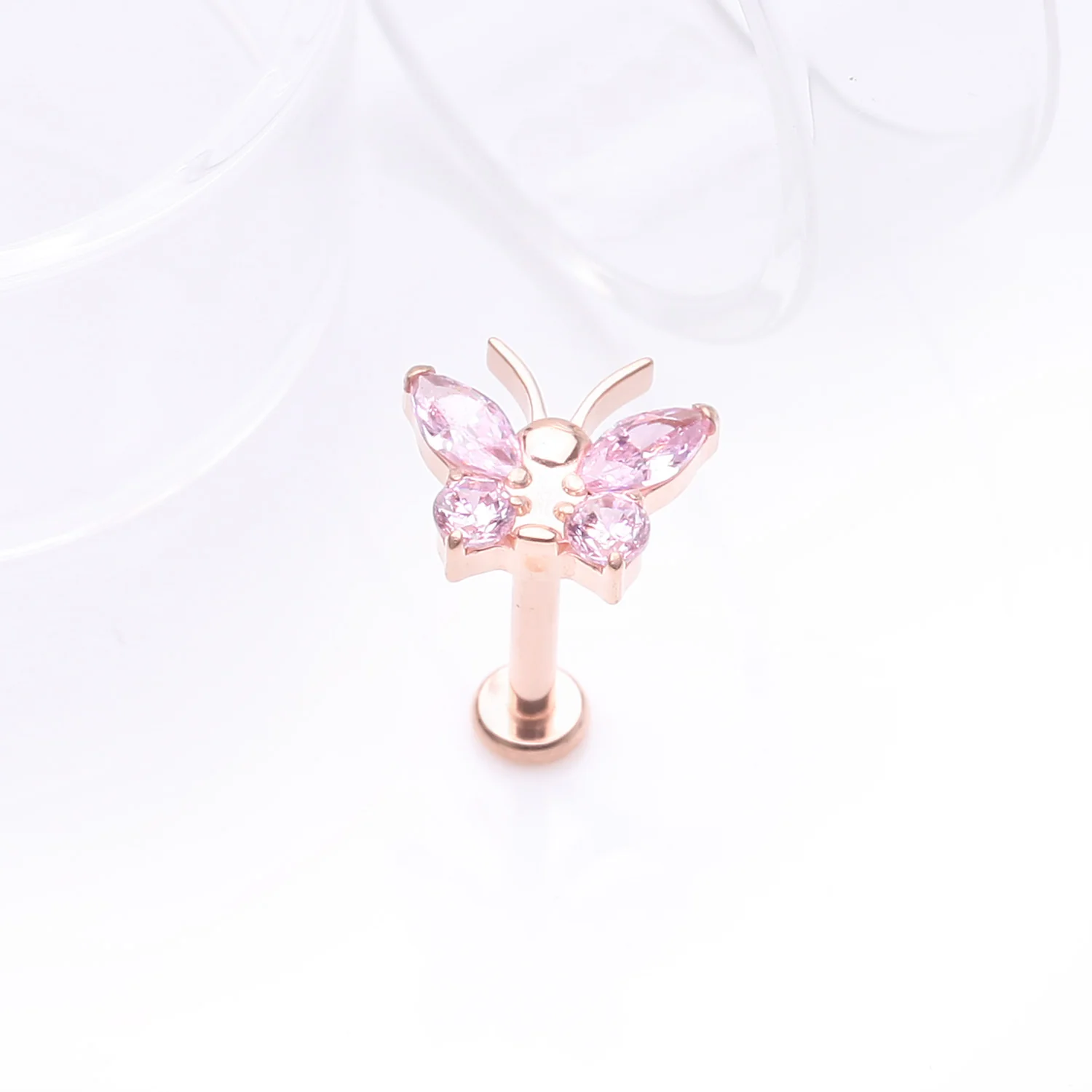 Implant Grade Titanium Rose Gold Butterfly Sparkle Internally Threaded Flat Back Stud Labret - Image 2