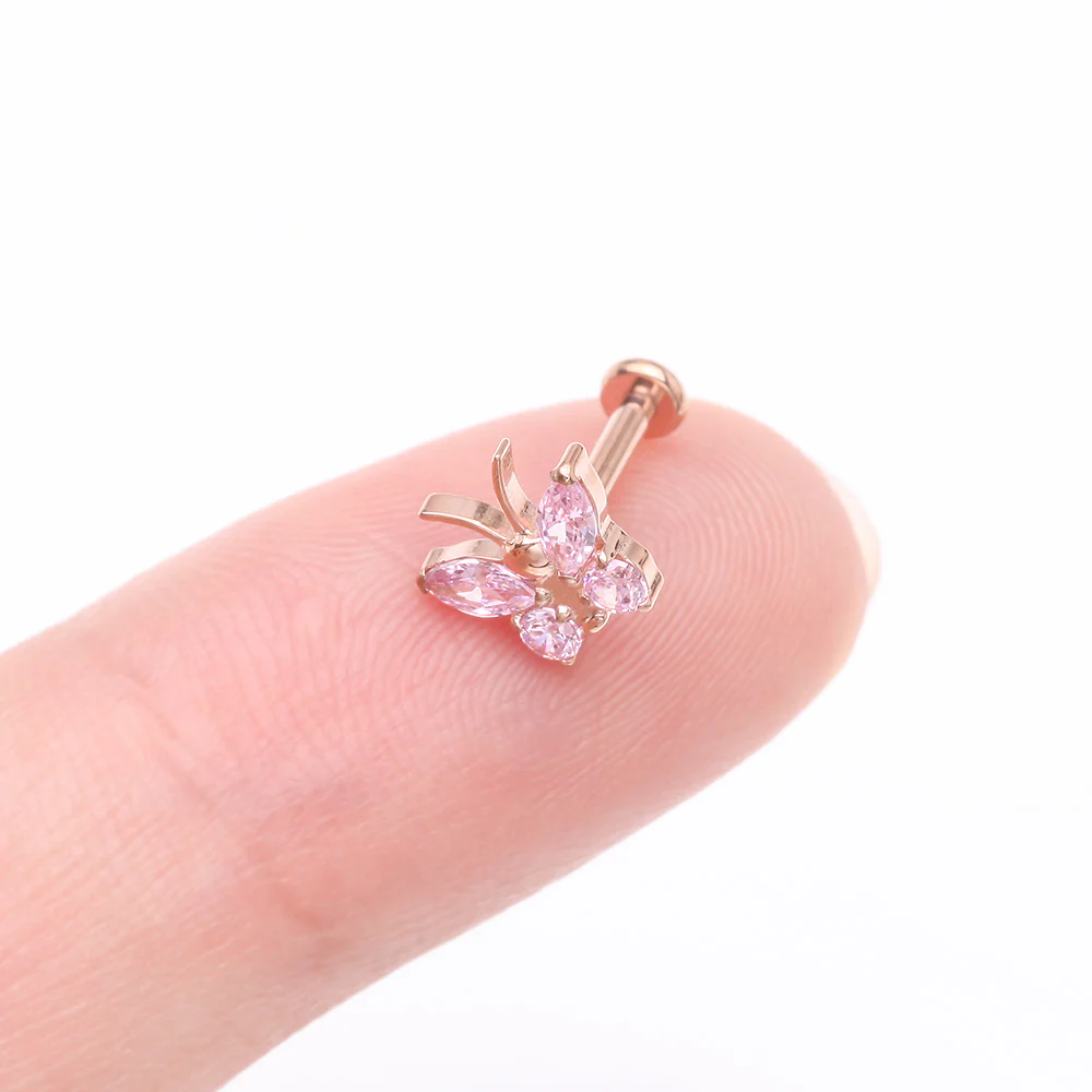 Implant Grade Titanium Rose Gold Butterfly Sparkle Internally Threaded Flat Back Stud Labret - Image 3