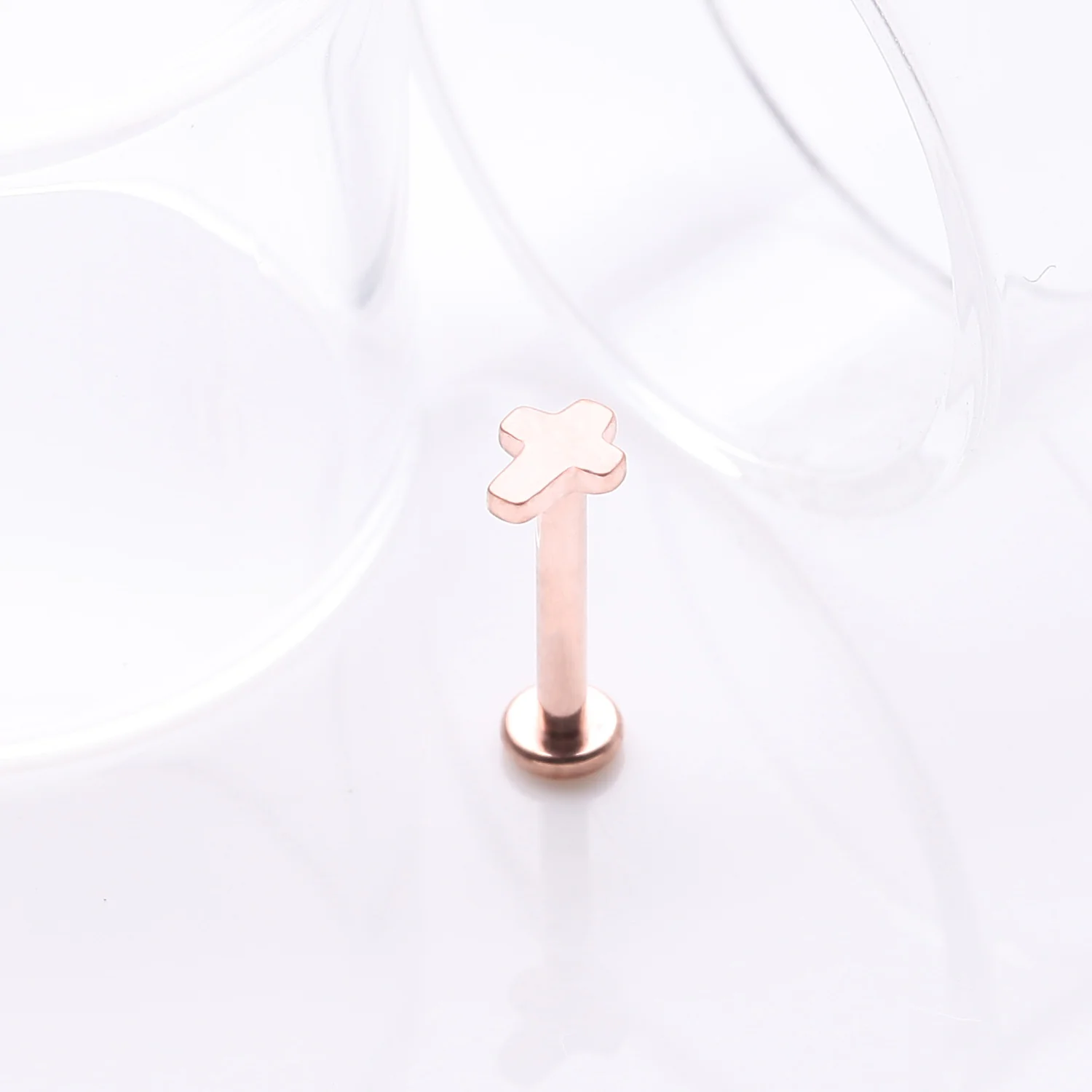 Implant Grade Titanium Rose Gold Cross Top Internally Threaded Flat Back Stud Labret - Image 2