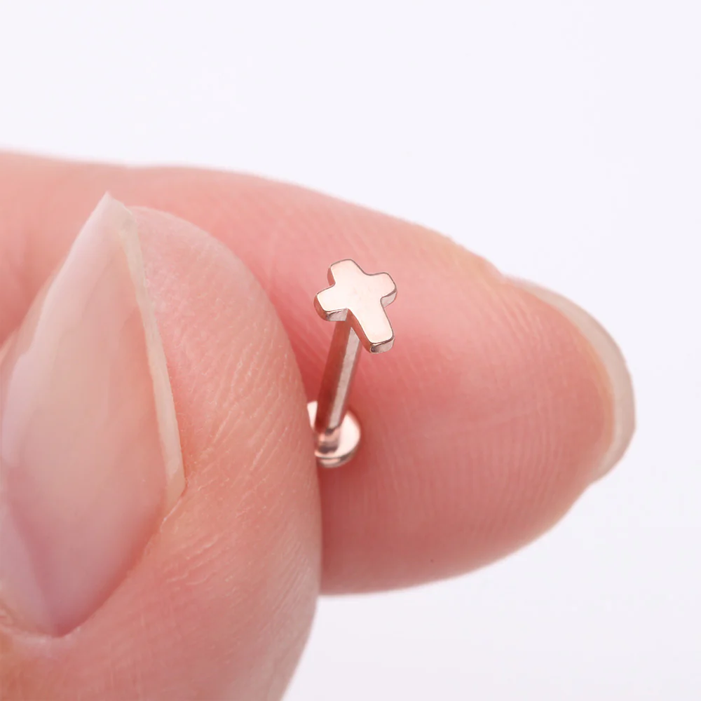 Implant Grade Titanium Rose Gold Cross Top Internally Threaded Flat Back Stud Labret - Image 3