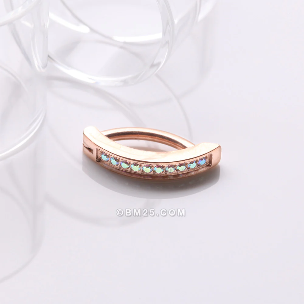Implant Grade Titanium Rose Gold Sparkle Gem Lined Minimalist Curved Bar Belly Clicker - Image 3