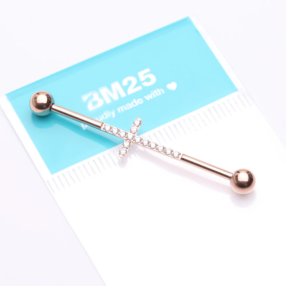 Implant Grade Titanium Rose Gold Sparkle Lined Multi-Gem Cross Industrial Barbell - Image 3