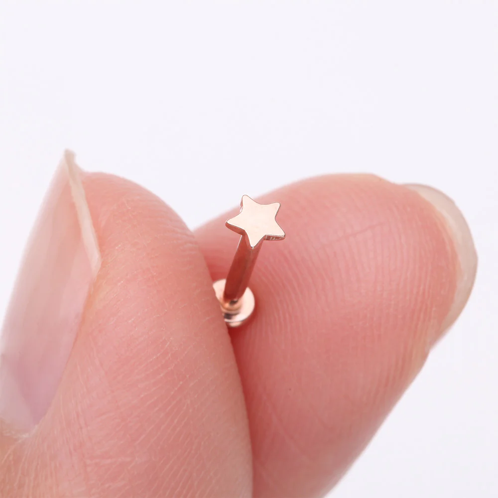 Implant Grade Titanium Rose Gold Star Top Internally Threaded Flat Back Stud Labret - Image 3
