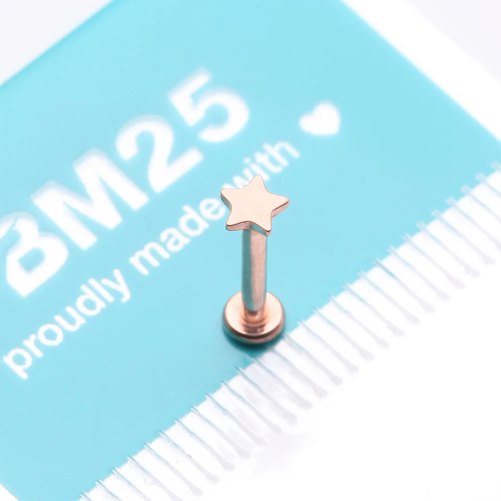 Implant Grade Titanium Rose Gold Star Top Internally Threaded Flat Back Stud Labret - Image 4