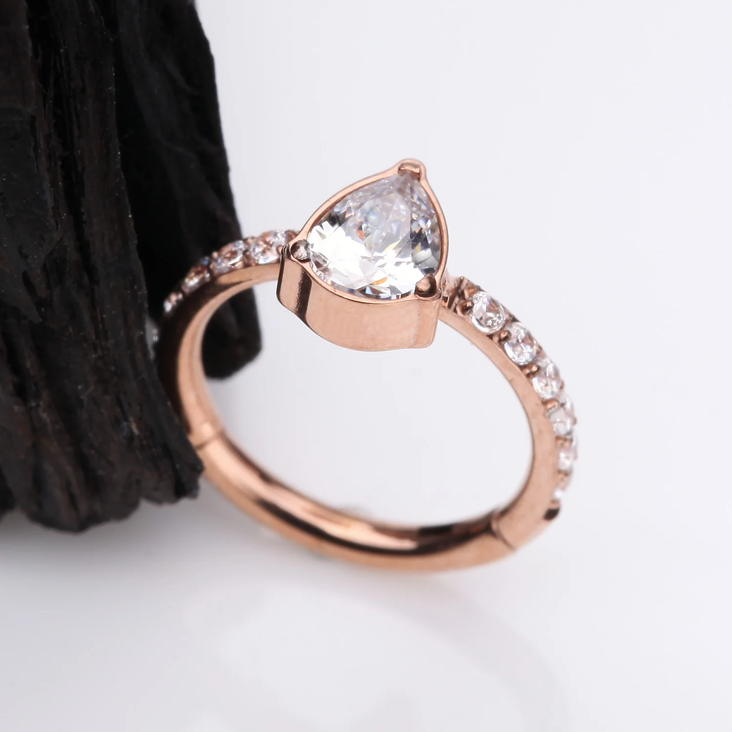 Implant Grade Titanium Rose Gold Teardrop Sparkle Multi-Gem Rimmed Seamless Clicker Hoop Ring - Image 2