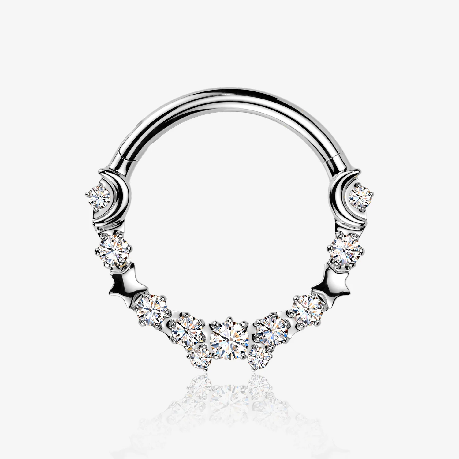 Implant Grade Titanium Sparkle Crescent Moon and Stars Clicker Hoop Ring