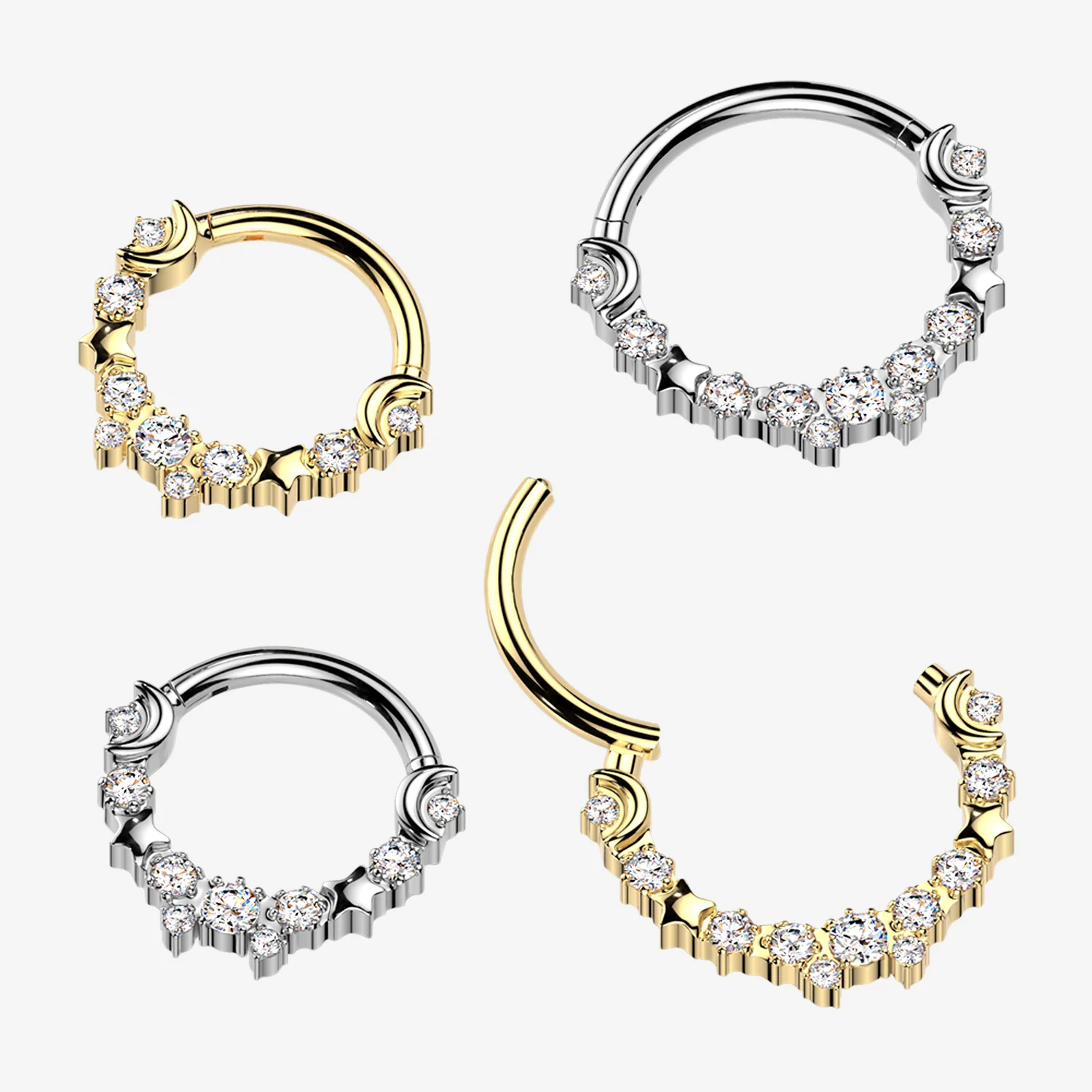 Implant Grade Titanium Sparkle Crescent Moon and Stars Clicker Hoop Ring - Image 2