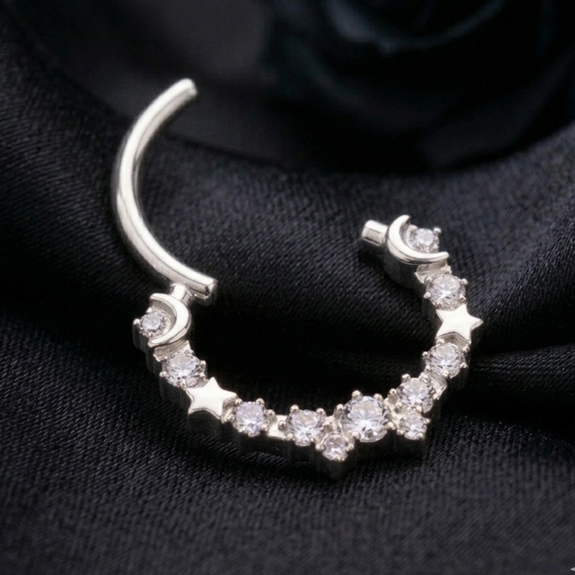 Implant Grade Titanium Sparkle Crescent Moon and Stars Clicker Hoop Ring - Image 3