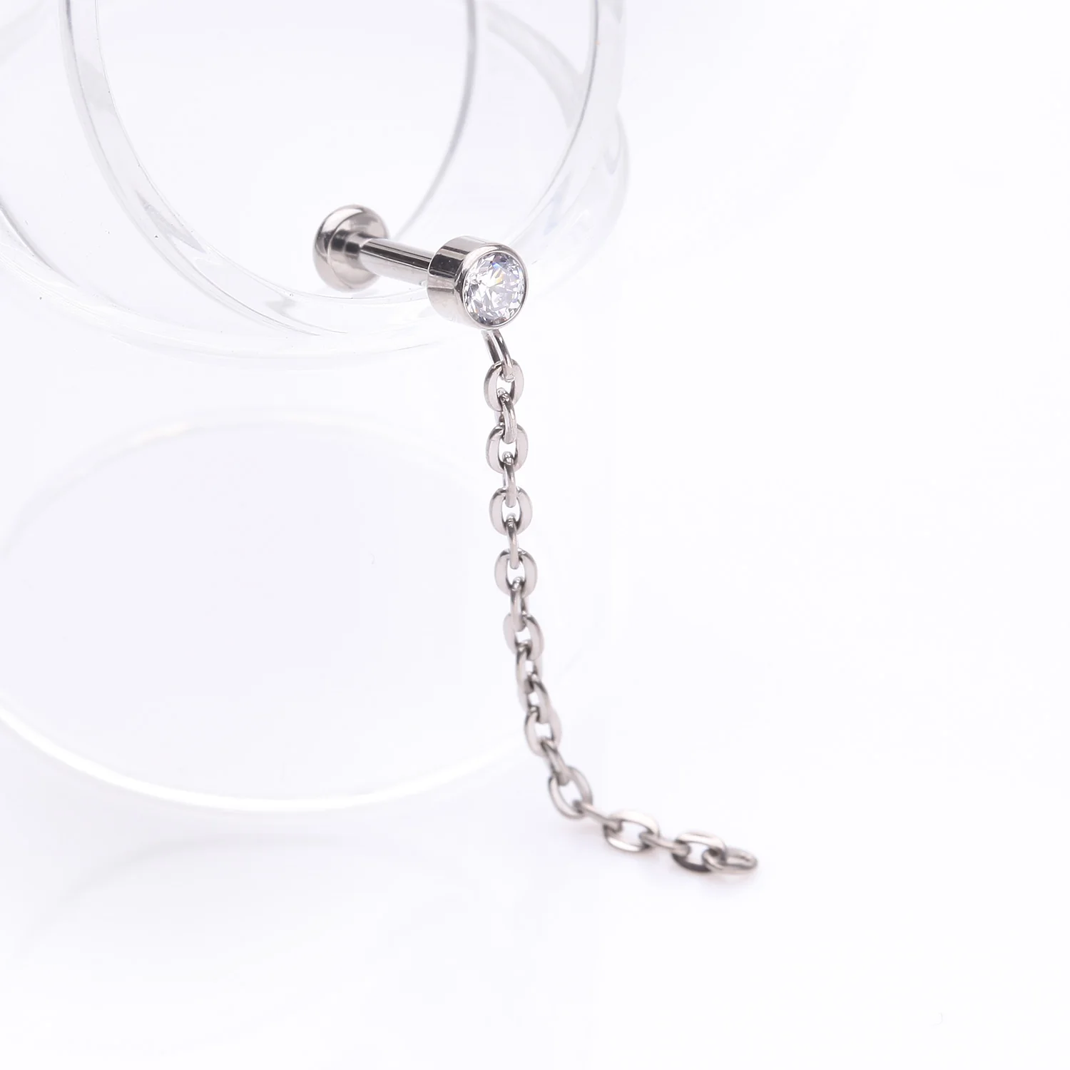 Implant Grade Titanium Sparkle Gem Long Chain Dangle Internally Threaded Labret - Image 2