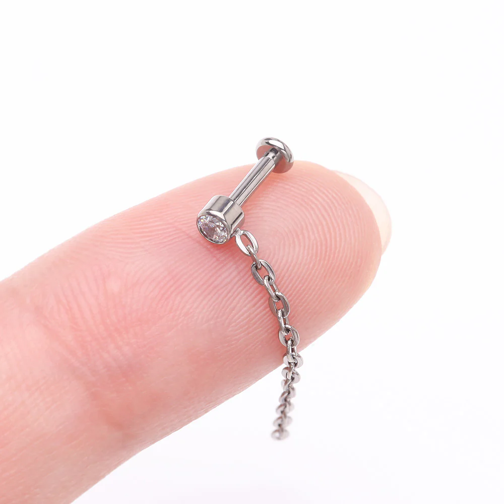 Implant Grade Titanium Sparkle Gem Long Chain Dangle Internally Threaded Labret - Image 3