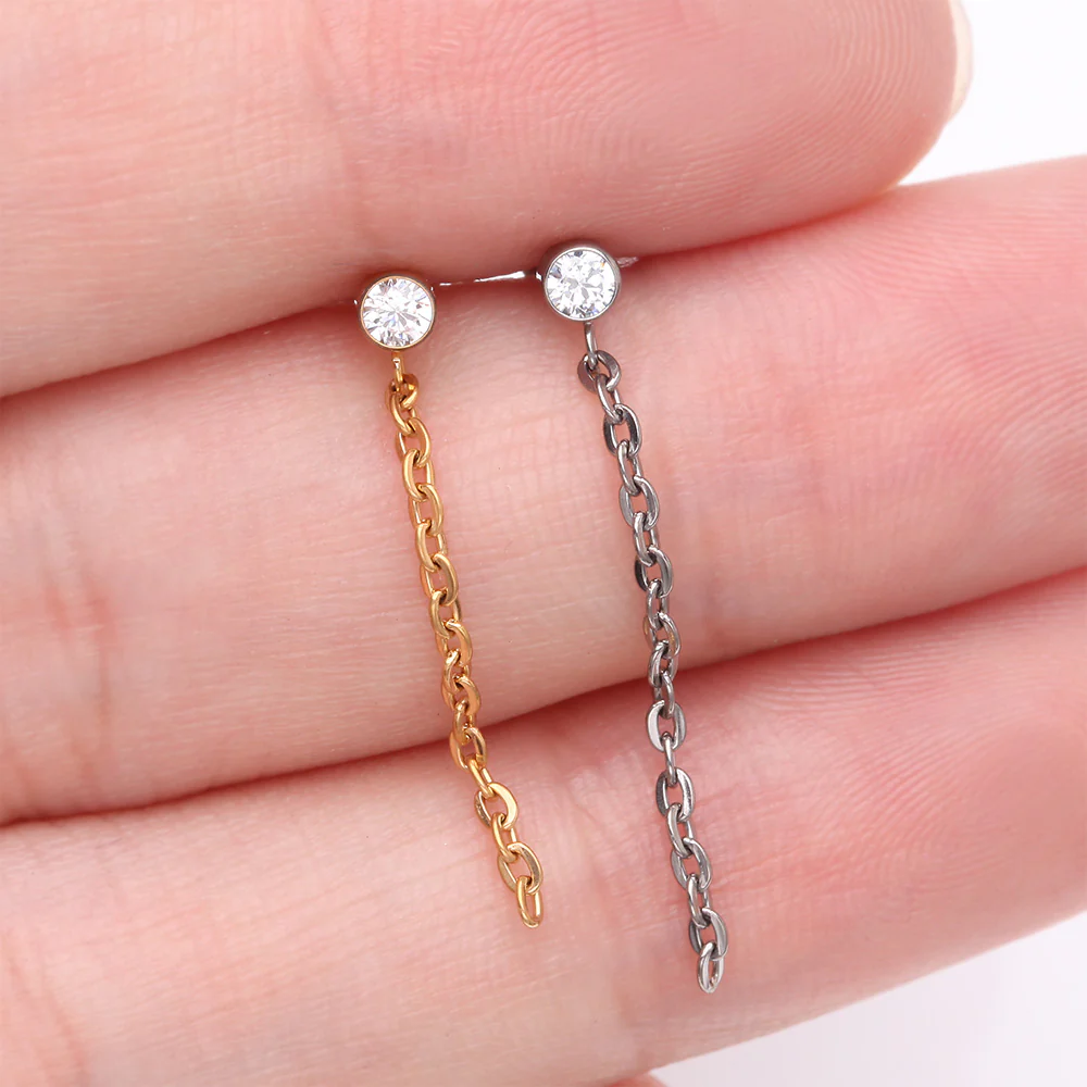 Implant Grade Titanium Sparkle Gem Long Chain Dangle Internally Threaded Labret - Image 4