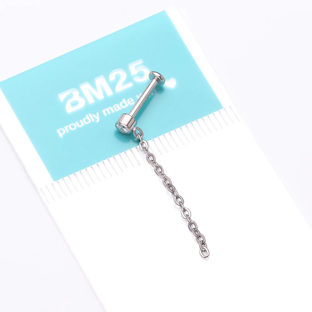 Implant Grade Titanium Sparkle Gem Long Chain Dangle Internally Threaded Labret - Image 5
