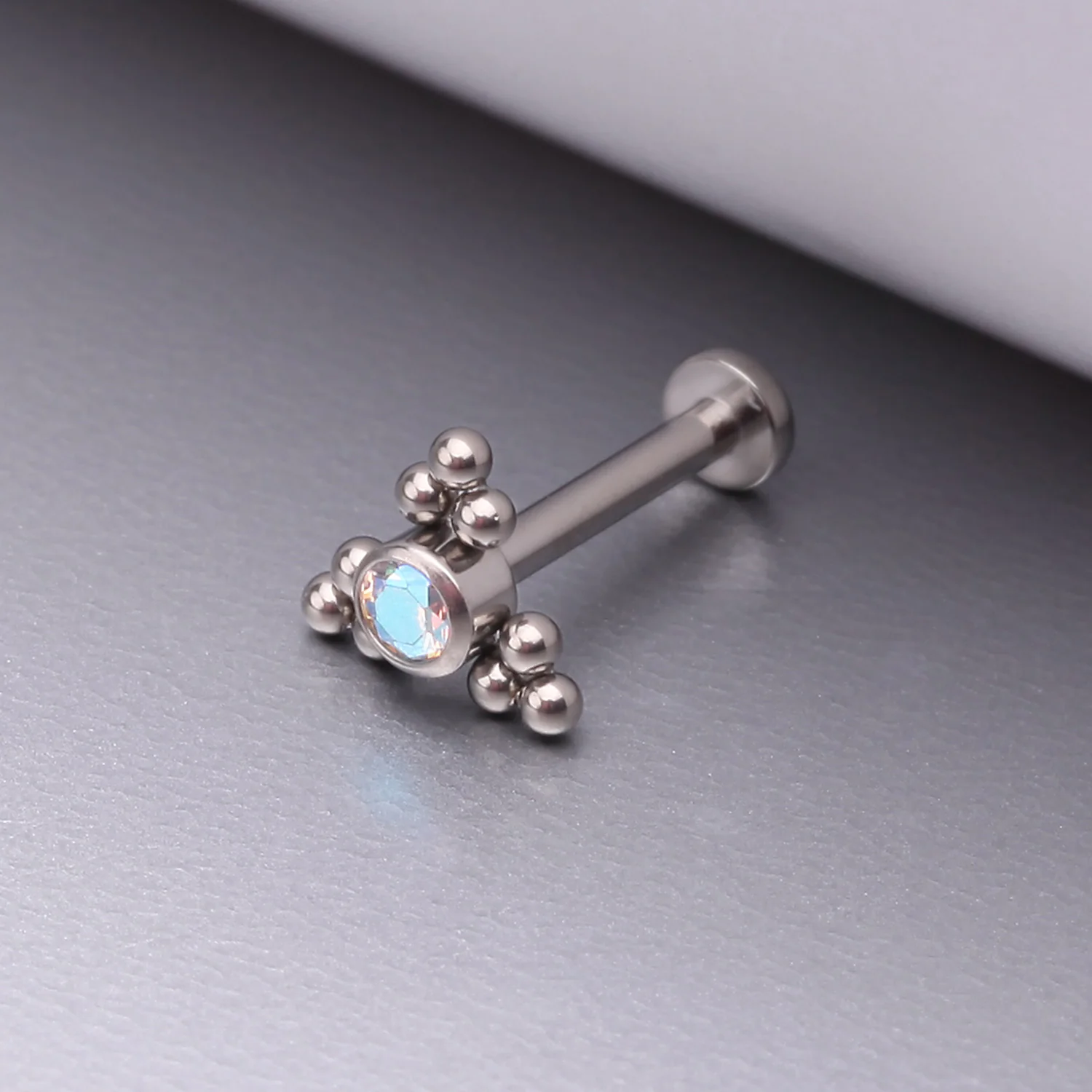 Implant Grade Titanium Sparkle Trinity Bali Beads Top Internally Threaded Flat Back Stud Labret - Image 2