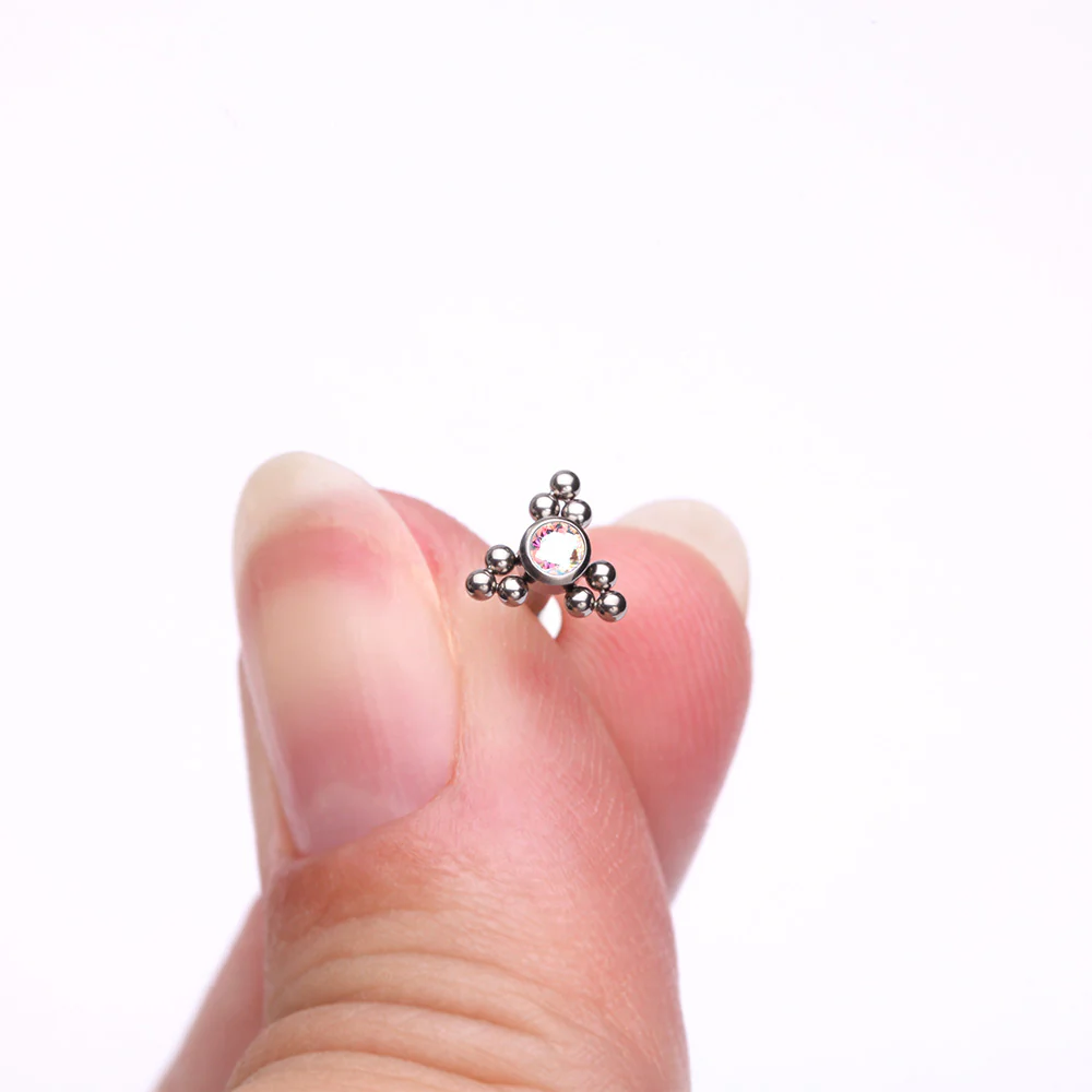 Implant Grade Titanium Sparkle Trinity Bali Beads Top Internally Threaded Flat Back Stud Labret - Image 3