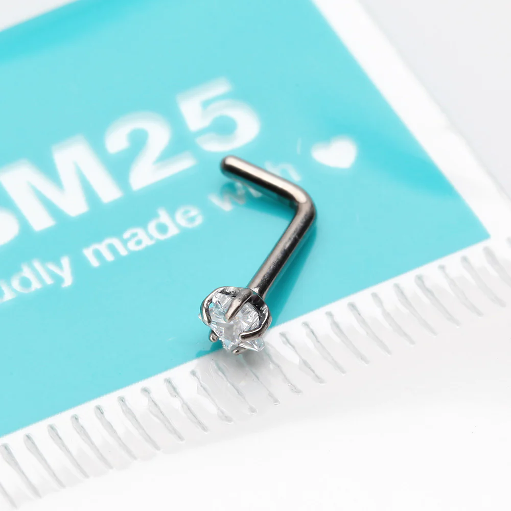 Implant Grade Titanium Star Prong Set Sparkle Gem Top L-Shaped Nose Ring - Image 3