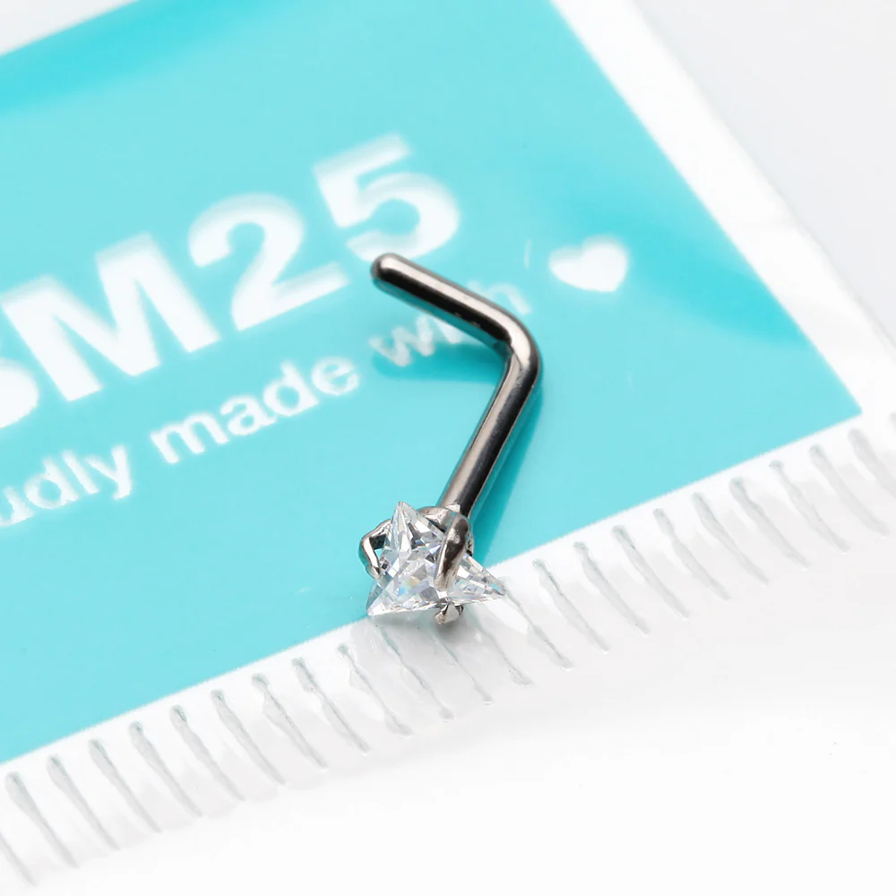 Implant Grade Titanium Triangle Prong Set Sparkle Gem Top L-Shaped Nose Ring - Image 3