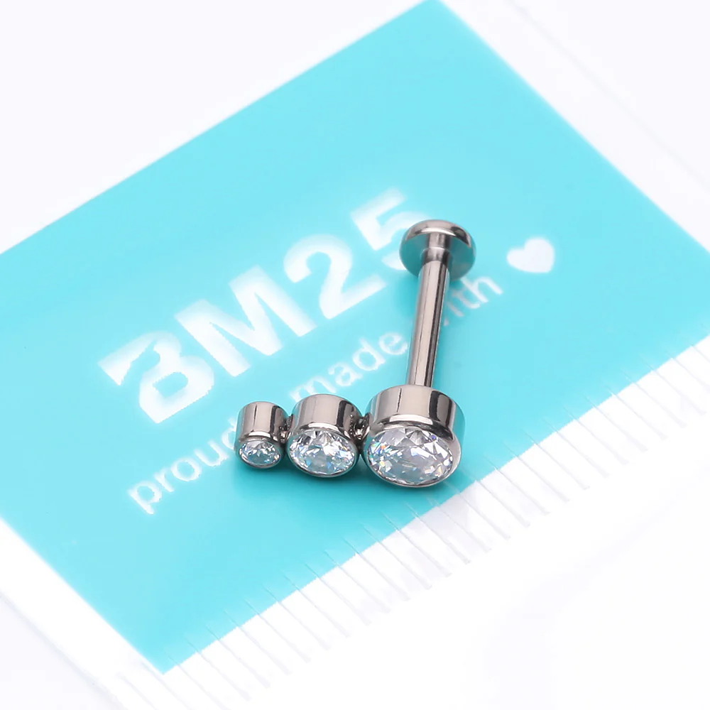 Implant Grade Titanium Triple Cascading Sparkle Top Internally Threaded Flat Back Stud Labret - Image 4